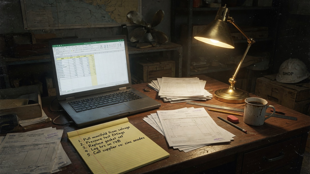 Shop office desk at night with a spreadsheet, invoices, and a handwritten job list under a brass lamp