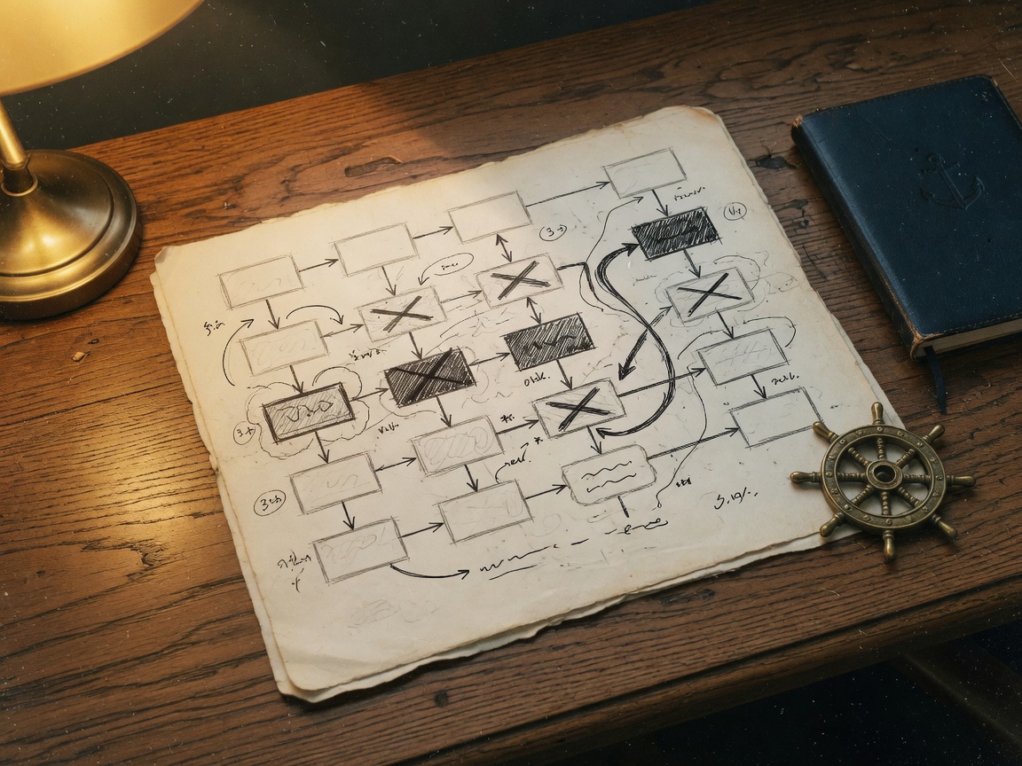 Hand-drawn process map on cream paper under a gold lamp, boxes and arrows with steps crossed out