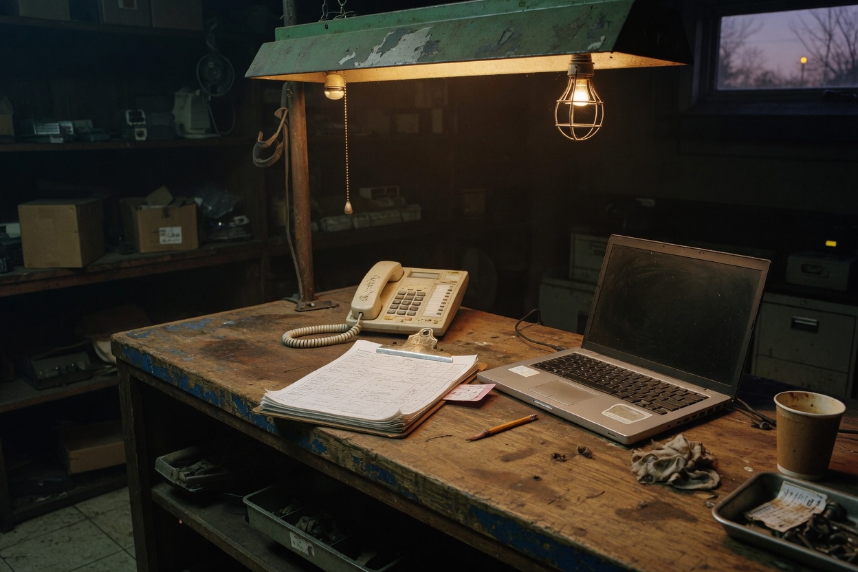 Worn shop counter with a landline, clipboard work orders, and a laptop under a shop light