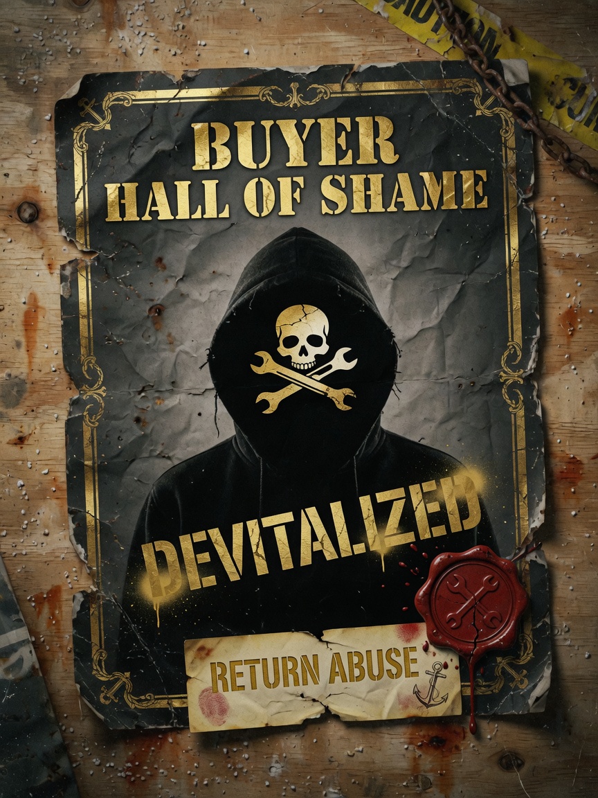 Wanted-style BuccaneerSalvage poster for eBay user devitalized, faceless hood, skull and wrenches, caption return abuse