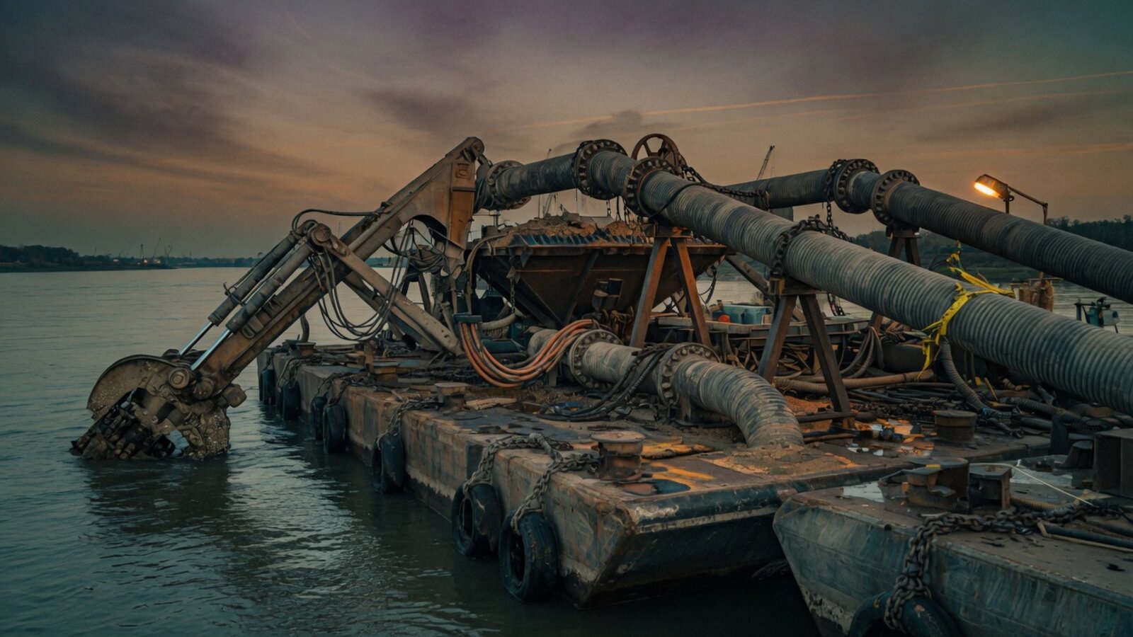 Industrial hydraulic dredge equipment on water — documentary atmosphere